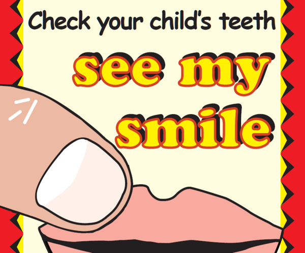 Magnet image showing finger lifting lip. Message: Check your child's teeth. See my smile.