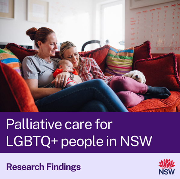Palliative care for LGBTQ+ people in NSW research Findings. Picture of two women and a baby sitting on the couch with a dog