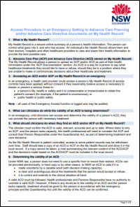 Download Access procedure in an emergency setting to Advance Care Planning and/or Advance Care Directive documents on My Health Record - Freqently asked questions as a PDF