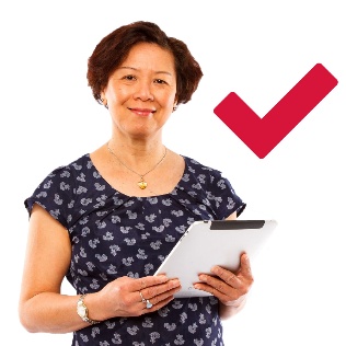 A person holding a clipboard and a tick mark next to them.