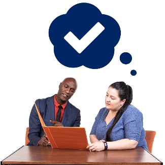 A person explaining something to another person. Above them is a thought cloud with a tick icon on it.