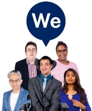 A diverse group of people with a speech bubble showing the word 'we'.