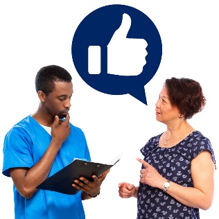 A person explaining something to a NSW worker and a thumbs up icon above them.