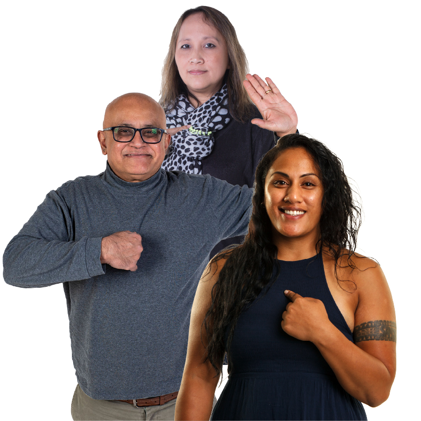 2 people pointing at themselves while another person raises their hand.