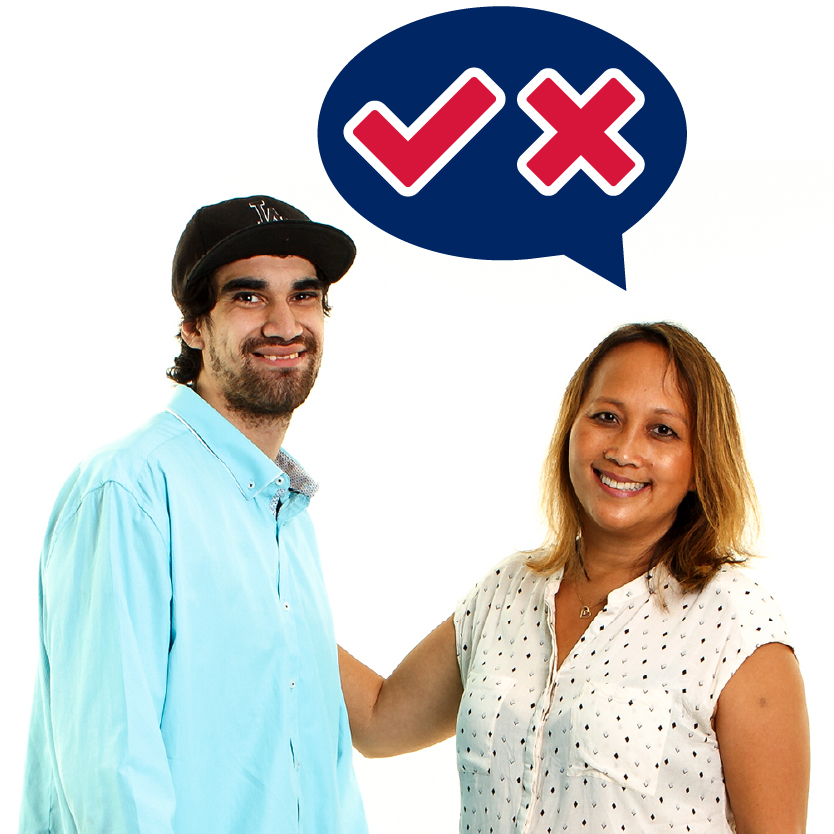 A guardian supporting someone. Above them is a tick and a cross inside a speech bubble.