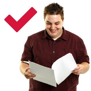 A tick above a person reading a guidelines document.