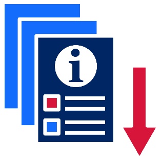 A stack of three sheets with an information icon on the top sheet and an arrow pointing down beside them.