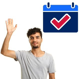 A person raising one hand with a calendar showing a tick mark next to them.