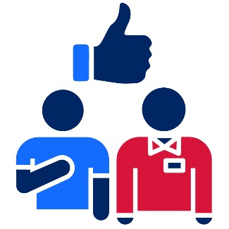 A thumbs up above a NSW Health worker and a visitor. The visitor has their hand on their chest.