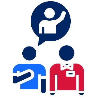 A speech bubble with a person raising hand above a NSW Health worker and a visitor. The visitor has their hand on their chest.