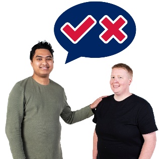 A person supporting another person by holding them. A speech bubble above them with a tick and cross in it.