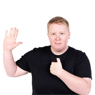 A person raising their hand and pointing at themself from another hand.