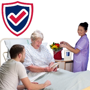 A safety icon above a person in a hospital bed. Beside them is a visitor and a doctor.