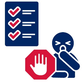 A stop icon next to a person coughing. Above them is a document with ticks on it.