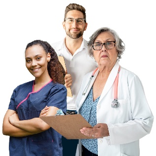 A set of 3 NSW workers with clipboards and a stethoscope.