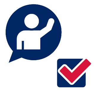 A person raising their hand inside a speech bubble and next to it is a tick.