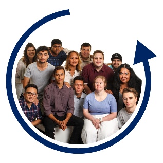 A circular arrow around a diverse group of people
