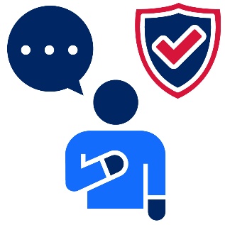 A safety icon above a person with a speech bubble next to them.