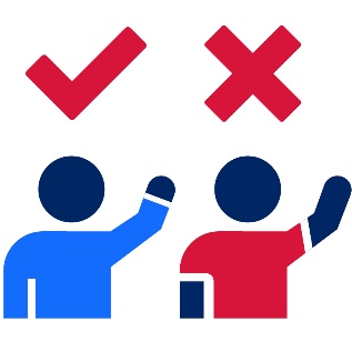 2 people raising their hands and above them is a tick and a cross.