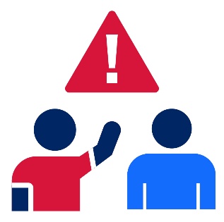 A person raising their hand and another person standing next to them. Above them is a warning icon.