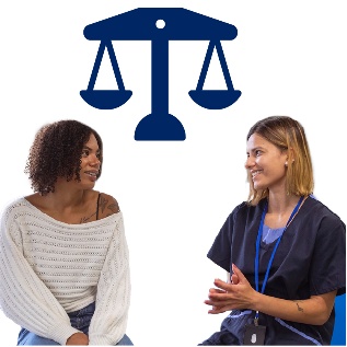 A justice scales icon above a doctor and a patient having a conversation.