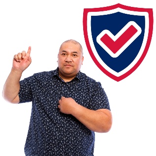 A person raising their hand and pointing at themself from the other hand and a safety icon above them.