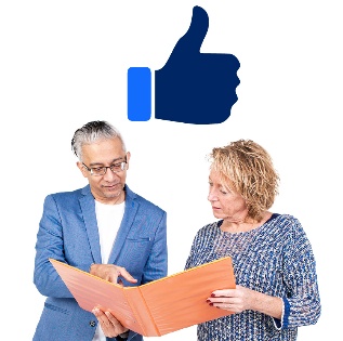 A person helping another person read and a thumbs up icon above them.