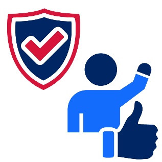 A safety icon and next to it is a person raising one of their hand and a thumbs up icon below them.