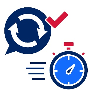A change icon inside a comment bubble and a tick next to it, beside it is a stopwatch.