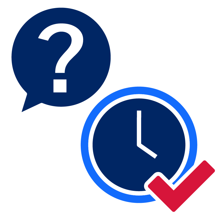 A question mark inside a comment bubble and a clock next to it with a tick.