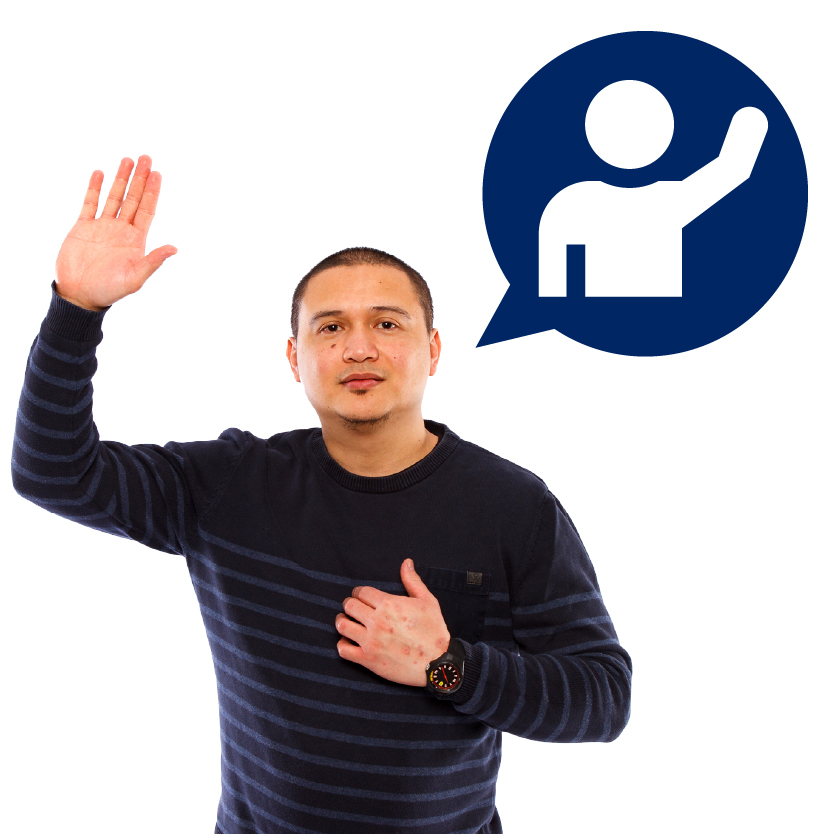 A person with their hand raised. Next to them is a speech bubble with a person raising their hand inside it.