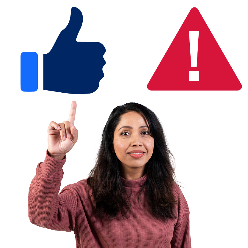 A person with their hand raised. Above them is a thumbs up and a warning icon.