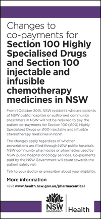 Changes to Co-Payments for Section 100 Highly Specialised Drugs and Section 100 Injectable and Infusible Chemotherapy Medicines 