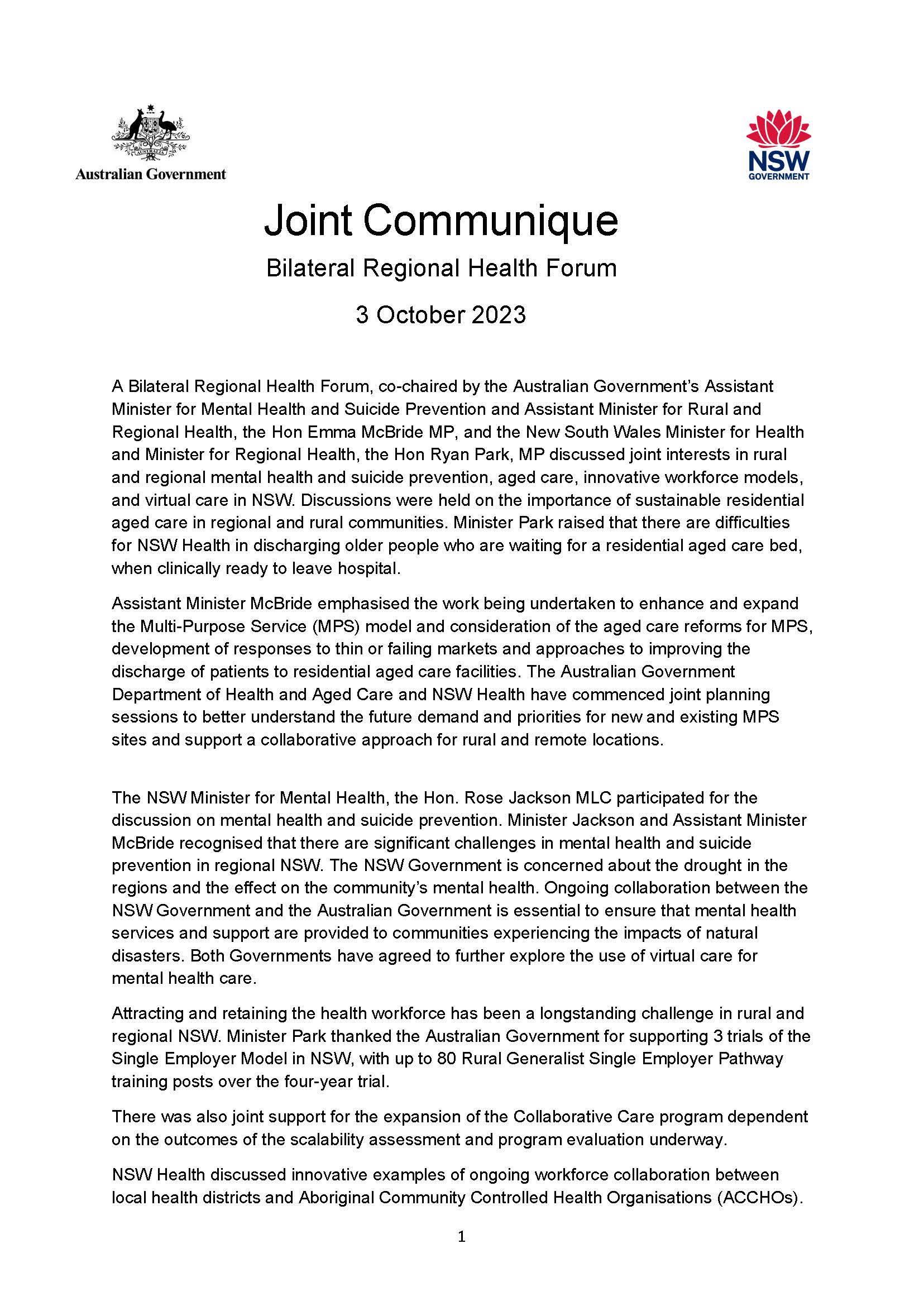 PDF: Bilateral Regional Health Forum - Joint Communique - October 2023