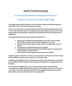 PDF: Commonwealth-NSW Bilateral Regional Health Forum Inaugural meeting: 13 December, Wagga Wagga