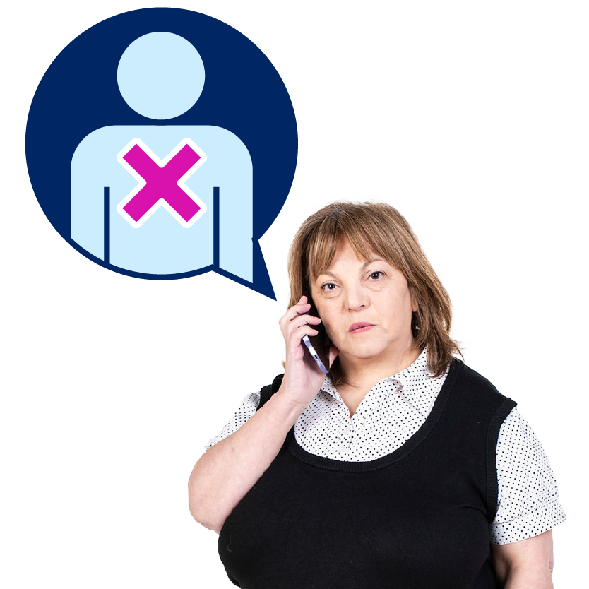 A contact person making a phone call. They have a speech bubble with an icon of a cross over a person.