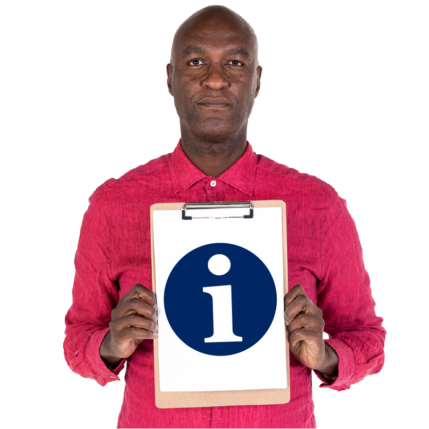 A person holding a clipboard that has an information icon on it.