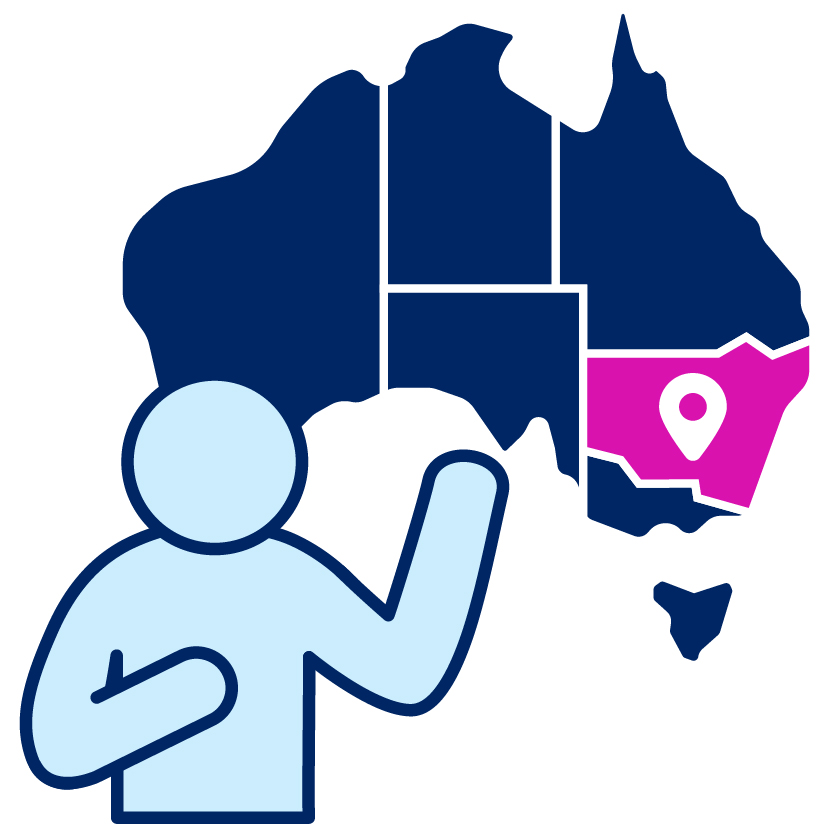 A person pointing to themself with their other hand raised. Behind them is a map of Australia with NSW highlighted.