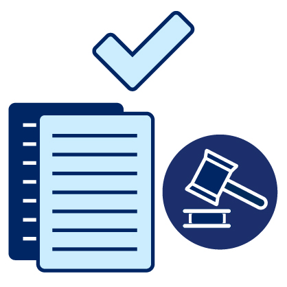 A stack of documents with a tick above them, and a gavel icon next to them.