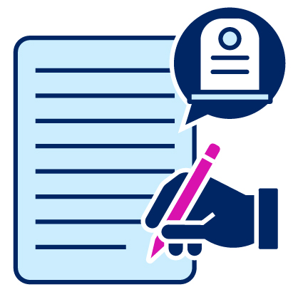 A hand holding a pen and writing on a Medical Certificate of Cause of Death form. The document has a speech bubble with a gravestone in it.