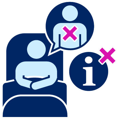 A person lying down in a bed with a speech bubble that has an icon of a cross over themselves in it. Next to them is an information icon with a cross next to it.