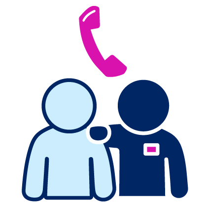 A worker supporting a person. Above them is a phone icon.