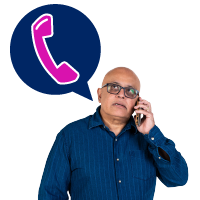 A person making a phone call. They have a speech bubble with a phone icon in it.