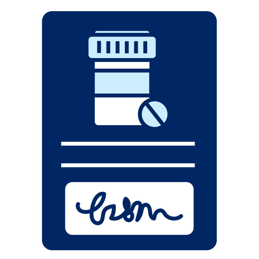A prescription document with an icon of a bottle of medication on it and a signature.