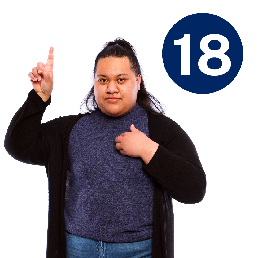 An adult pointing to themself with their other hand raised. Next to them is the number '18'.