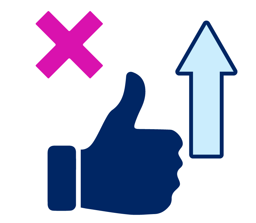 A thumbs up with an arrow pointing up. Above it is a cross.