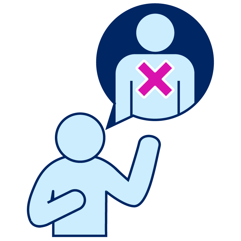 A person pointing to themself with their other hand raised. They have a speech bubble with an icon of a cross over themselves in it.