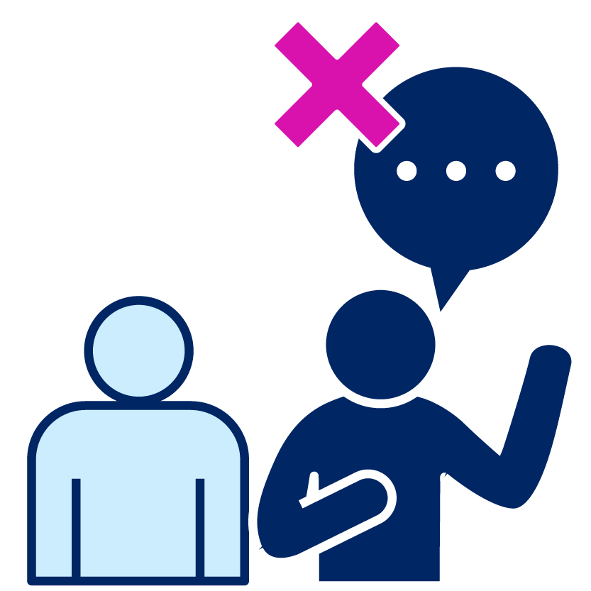 A person next to someone else pointing at themself with their other hand raised. The other person has a speech bubble with a cross next to it.