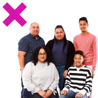 A family of 5 people with a cross next to them.