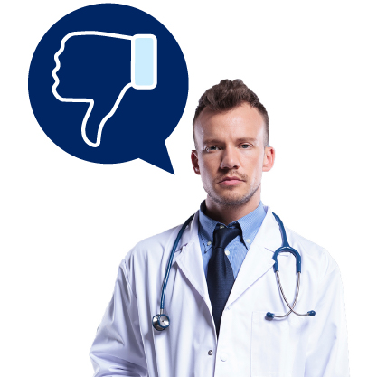 A doctor with a speech bubble that has a thumbs down in it.